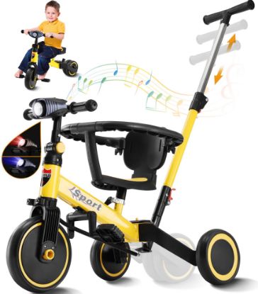 Picture of Gemaisil 5 in 1 Toddler Tricycle for 1-3 Years Olds, Toddler Balance Bike with Removable Pedal & Backrest, Parent Push Handle, Colorful Headlights and Kids Music, Birthday Gift for Boy Girl(Yellow)
