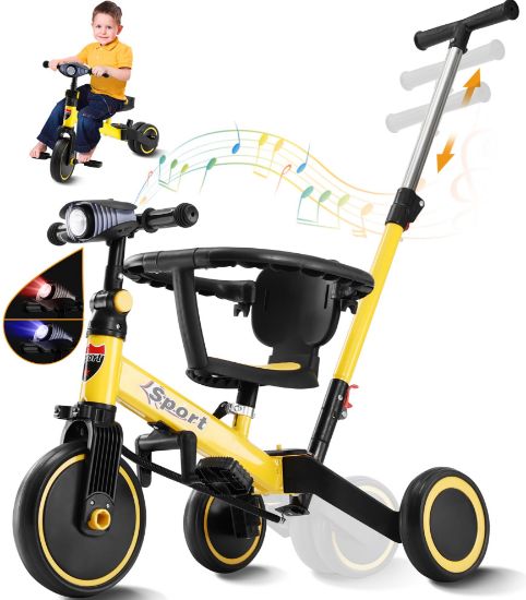Picture of Gemaisil 5 in 1 Toddler Tricycle for 1-3 Years Olds, Toddler Balance Bike with Removable Pedal & Backrest, Parent Push Handle, Colorful Headlights and Kids Music, Birthday Gift for Boy Girl(Yellow)